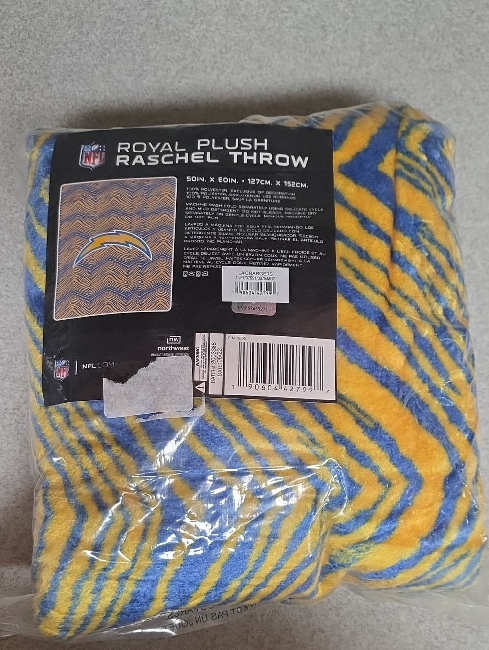 NFL Chargers Royal Plush Raschel Throw - Yellow & Blue Chevron